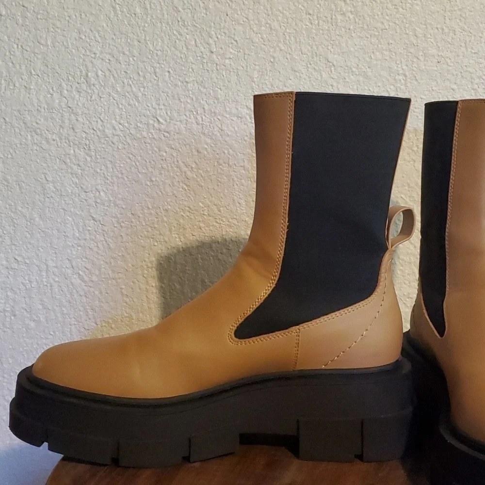Mango|Womens Tan Platform Track Sole Contrast Panels Ankle Boot Neutral Sz.EU 40